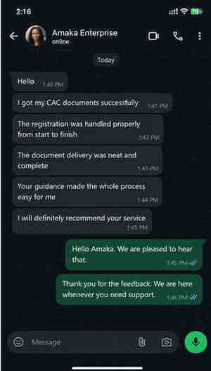 Company registration WhatsApp client review